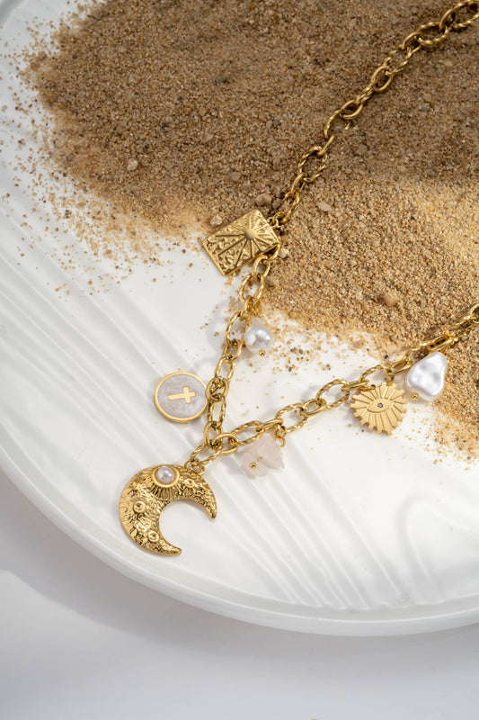 Collier pendentif lune breloque acier inoxydable